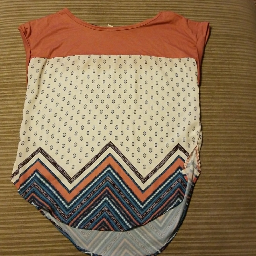 High low mauve, cream, and blue top